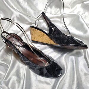 DONALD PLINER black patent pin dot sling back open toe stretch cork wedge heels